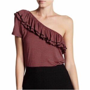 Romeo & Juliet Top Small Striped One Shoulder Ruffle Revolve Black Coral Revolve